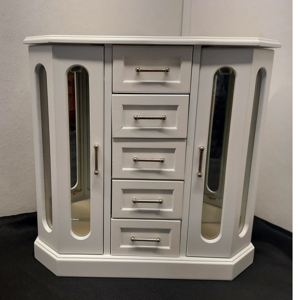 Vintage Wooden Jewelry Armoire Etched Glass Carousel White 13"x13.5"